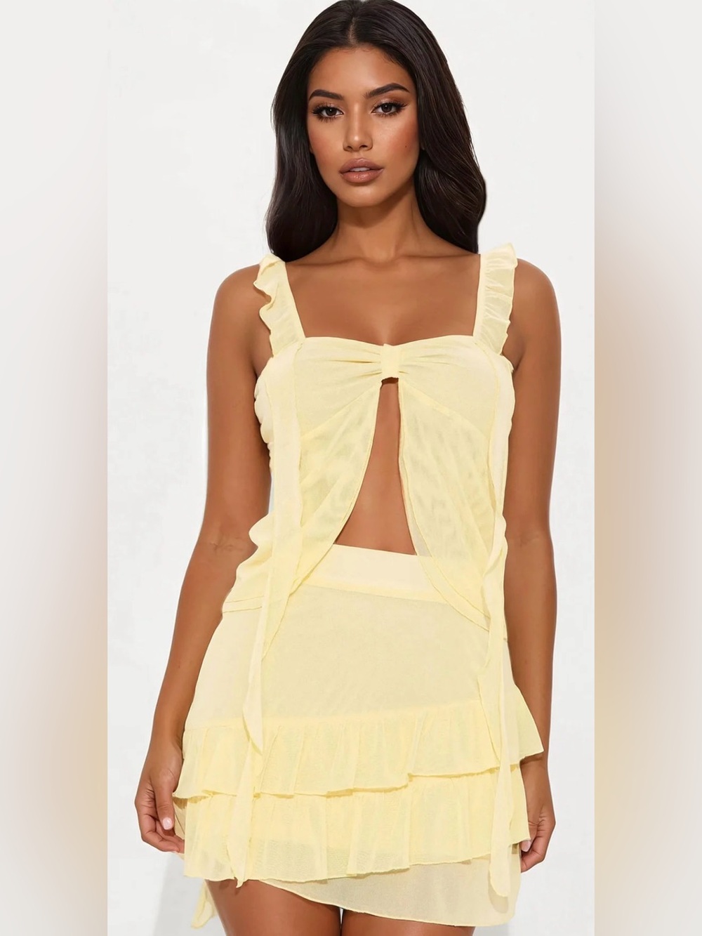 Fashion Nova Pale Yellow Ruffle Tie-Front Cami Set